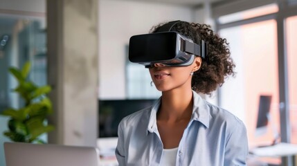 beautiful woman in an office working with real virtual reality glasses