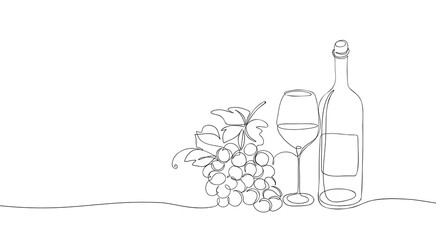 Bottle of wine with glass and grape one line drawing. Minimalist sketch of wineglass with red wine and bunch of grapes, alcohol concept. Vector contour illustration