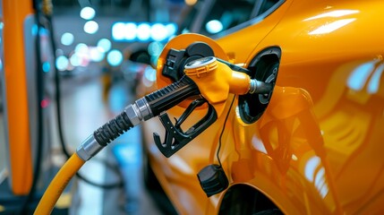 Fototapeta premium Close up of refueling gun in dark car s tank with diesel or petrol, gas station service concept