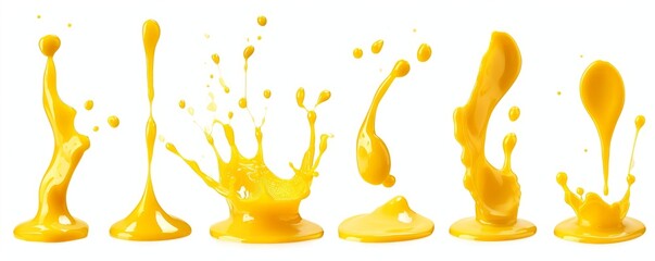 Set of yellow drops and splashes of cheese sauce or mustard isolated on white background. With clipping path. Full depth of field. Focus stacking. PNG, Generative AI - obrazy, fototapety, plakaty