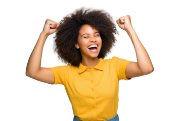 Young African American Brazilian Woman Celebrating a Special Day, Jumping and Raising Arms with Energy