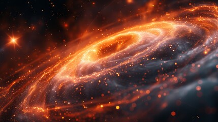 A vibrant digital illustration of a spiral galaxy with bright stars and cosmic dust.