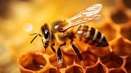 Macro photo of a bee on a honeycomb. National honey bee day. September honey month - obrazy, fototapety, plakaty