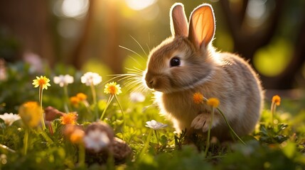 Fototapeta premium Little rabbit smelling a flower in the garden