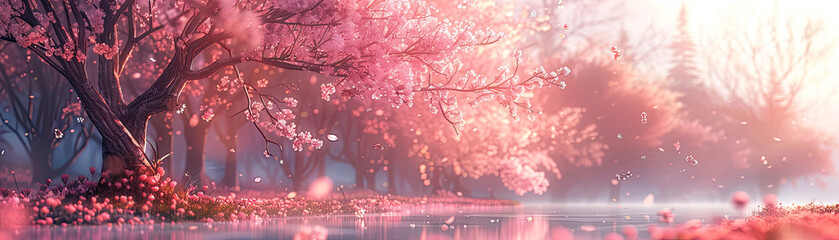 A mystical cherry blossom forest bathed in soft light, with petals gently falling onto a serene water surface, invoking a dreamlike tranquility.
 - obrazy, fototapety, plakaty
