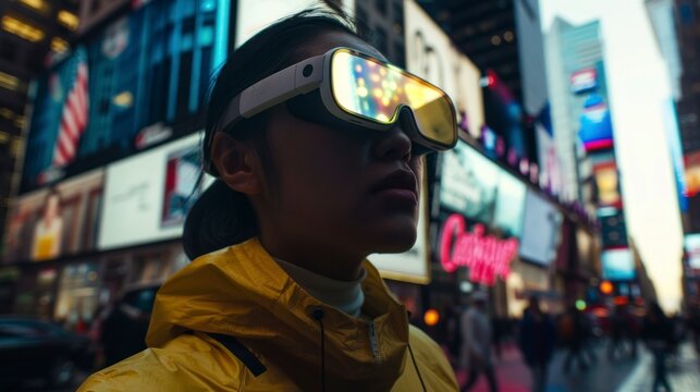 brunette girl on the streets of new york with virtual reality glasses in high definition