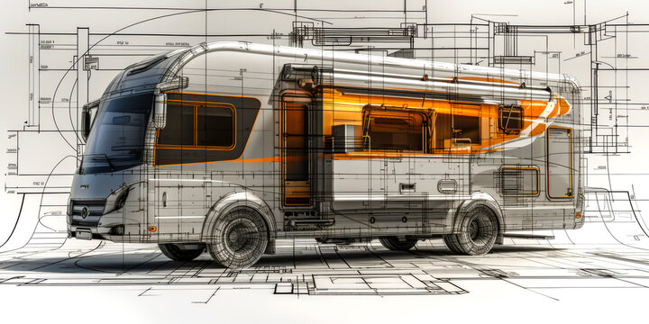 motor home of the future under construction on blueprints, building projects