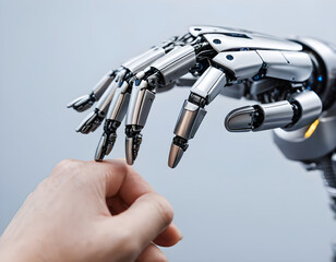 An image depicting the moment a human finger delicately touches the finger of a robot's metallic hand. 