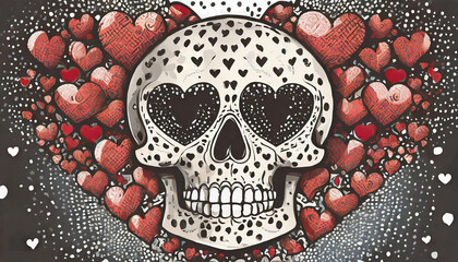 Love Valentine's Day skull with hearts as eyes, halftone retro shading - obrazy, fototapety, plakaty