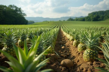 Pineapple plants lined up in a field under a clear blue sky.