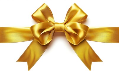 Gold ribbon satin bow isolated on white background, horizontal element for decoration gift boxes, Generative AI