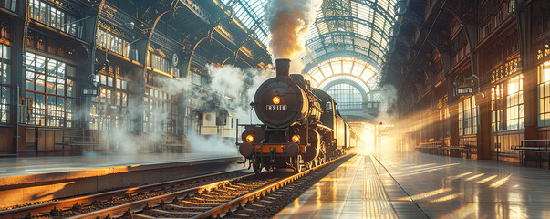 A classic steam locomotive leaves a grand old train station, its journey beginning amidst a dramatic sunrise and billowing steam.
 - obrazy, fototapety, plakaty