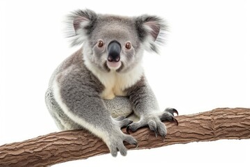 Koala sitting on tree branch isolated on white background, Generative AI