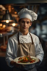 A professional young chef in uniform presenting a gourmet dish in a restaurant kitchen.