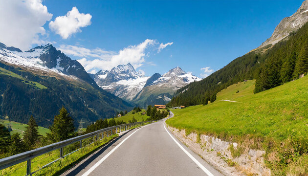 Road through alpine landscape leading to Klaussen Pass, Switzerland