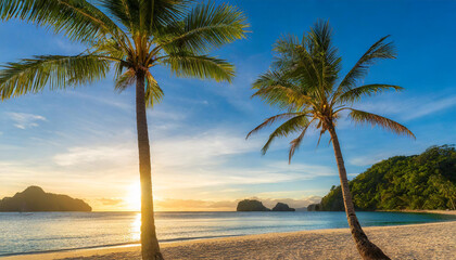 Two palm trees on the beach at dawn, Corong Corong beach, El Nido, Palawan, Mimaropa, Luzon, Philippines