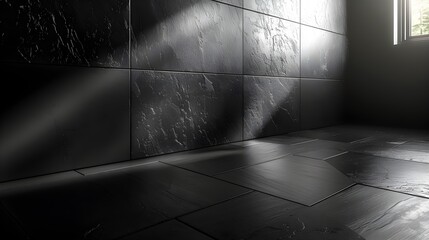 Close-up of black brick wall texture with block pattern, tile floor of different shapes, light from the window falls on the wall