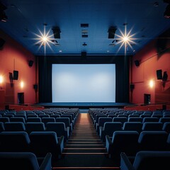 Empty of cinema in blue color with white blank screen. Mockup of hall, no people and auditorium. Generative AI