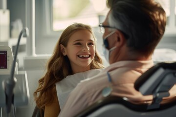 A joyful young girl with long hair laughing with her dentist during a routine dental appointment.