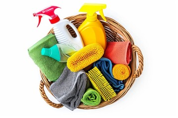 Basket with cleaning items isolated on white background. Washing set wider banner, top view. Full Depth of field. Focus stacking, Generative AI - obrazy, fototapety, plakaty
