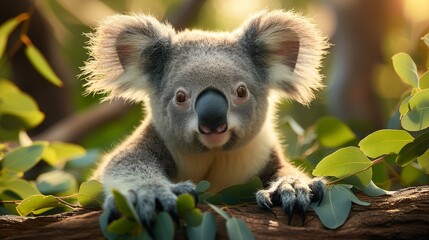Curious Koala on a Gum Tree Branch in Sunlight