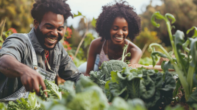 Smiling young African american couple cultivating in the vegetable garden - Powered by Adobe