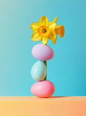 A striking arrangement of pastel-colored Easter eggs balanced vertically, crowned with bright yellow daffodils against a crisp blue and orange backdrop.