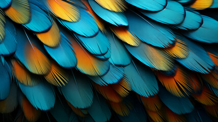 Obraz premium Close up of blue and yellow bird feather details. Generative AI