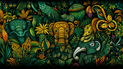 Vibrant painting of elephants and animals in lush jungle. Generative AI