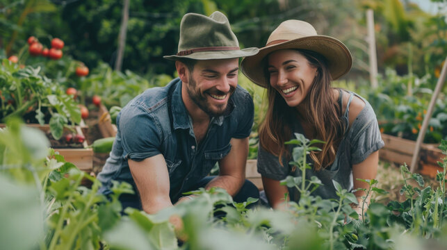 Smiling young couple cultivating in the vegetable garden