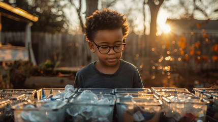 Boy checking the separated recyclable waste in his backyard - obrazy, fototapety, plakaty