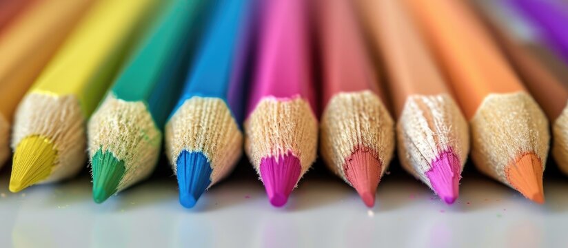 A neat row of vibrant colored pencils lying on a wooden table against a white backdrop. Each pencil is sharpened and ready for use, with a variety of colors on display.