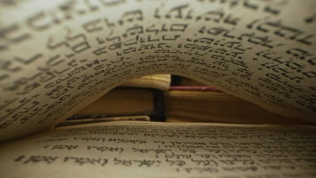 Hebrew Bible. Exploring sacred jewish heritage scriptures. Revered texts in macro. Holy pages, old religious Torah book.