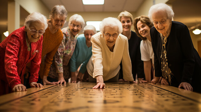 Group of older people standing around wooden table. Generative AI