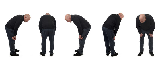 various poses of same man crouched down and looking down on white background