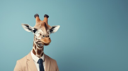 Anthropomorphic giraffe in business suit at office, studio shot on plain background with copy space