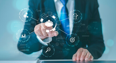 Customer relations, business management, internet, technology icons set Businessman's hands holding human icons for customer value and customer service and corporate concepts.