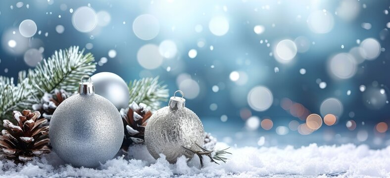 Festive christmas ornaments advent celebration holiday banner greeting card. Silver christmas baubles balls, pine cones and branch on snow table, with blue sky and snowflakes, Generative AI