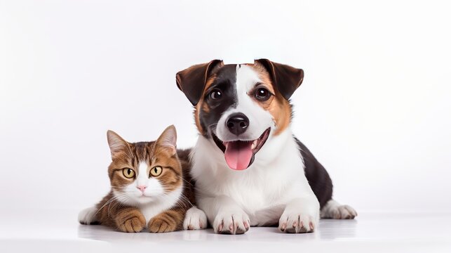 Portrait of  funny dog Jack Russell Terrier and cheerful cat Scottish Straight isolated on white backgroun