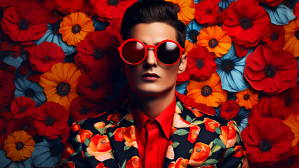 Contemporary pop art portrait of handsome man human in stylish outfit on a blooming flower...