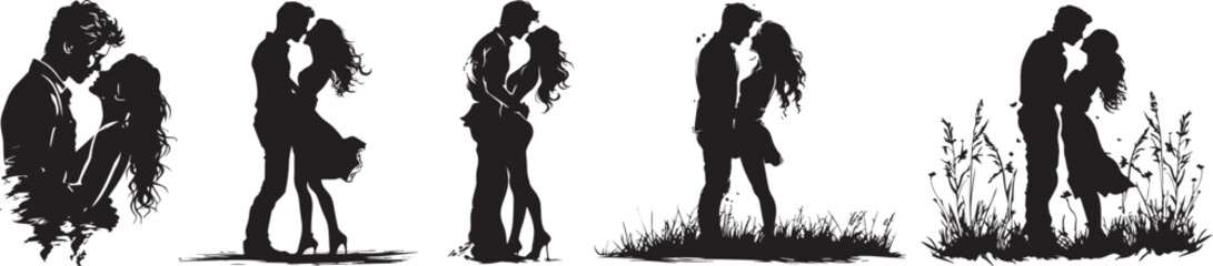couple in love hugs and kisses, black and white silhouettes laser cutting decoration