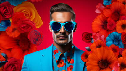 Fashionable pop art portrait of handsome man person in stylish blue blazer on blooming red floral...