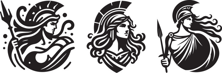 Greek goddess Athena, portrait in heavy retro logo style - obrazy, fototapety, plakaty