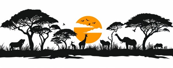 Africa Safari Savanna landscape background for logo. Black silhouette of wild animals, trees and sun isolated on white background. Generative AI