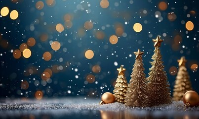 Fototapeta na wymiar Merry Christmas advent holiday cekebration greeting card. Gold christmas trees decoration on table with blue background and golden bokeh lights, Generative AI