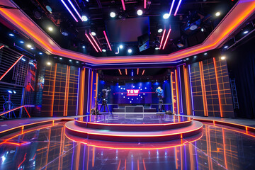 TV Studio live broadcasting.Recording show.TV NEWS program studio with video camera lens and lights.Positioned stage big professional broadcasting camera with headphones - obrazy, fototapety, plakaty