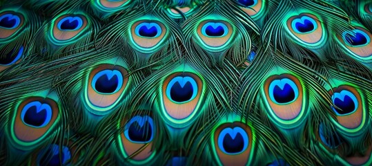 Animal bird background. Closeup of peacock feathers, top view. Generative AI