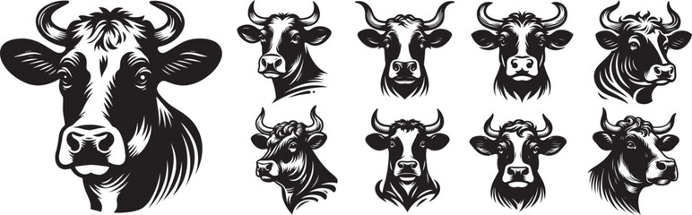 cow heads, black and white vector set
