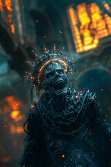 A ghastly figure with a crown of lights in a dark, eerie backdrop with gothic structures.
