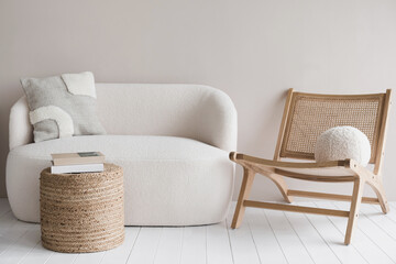 Modern minimal design interior with white sofa and armchair, Home staging and minimalism concept,...